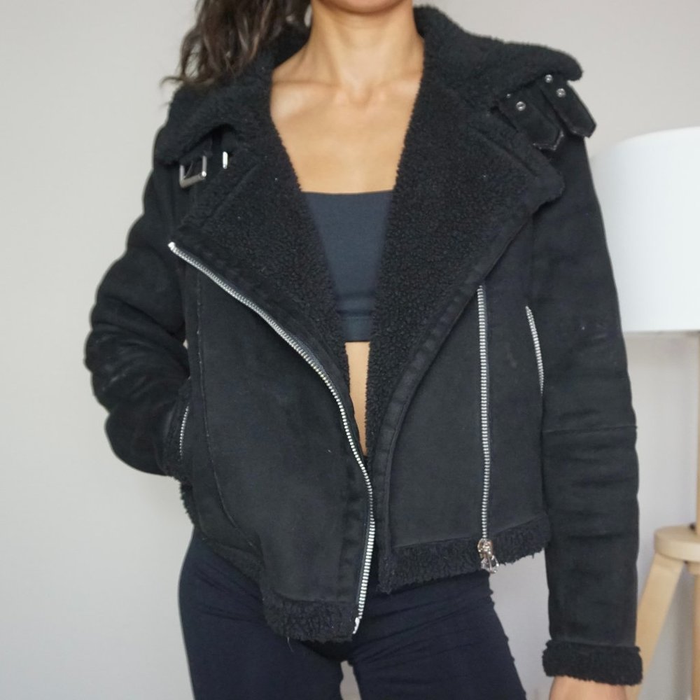 Zara Moto Faux Shearling Suede Coat Jacket